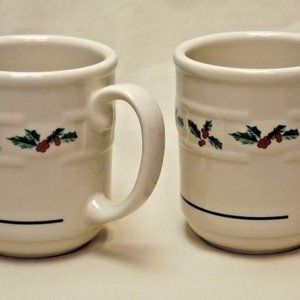 Longaberger Pottery Set of 2 Woven Traditions Traditional Holly Mugs USA